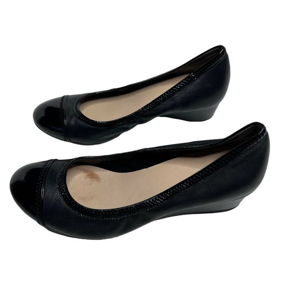 Cole Haan ELSIE Black Patent Leather Cap Toe Slip On Wedge Heel Shoe Size 9B - Picture 4 of 9